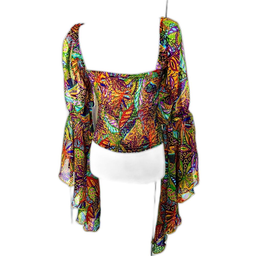 NWT Live 4 Truth Womens Multi Color Long Sleeve Flare Square Neck Crop Top M - Picture 2 of 7